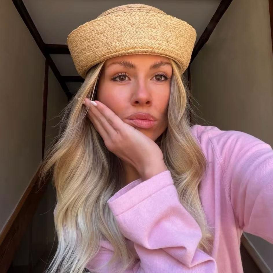 My Extreme Outdoor Activities Women's French Chic Raffia Pillbox Hat Handmade Flat Crown Straw Hat Elegant Summer Cap 56-60Cm