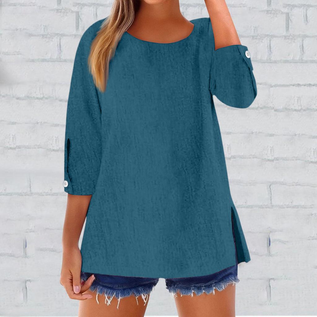 Women's Fashion Seven-Quarter Sleeve Round Neck Color Loose Casual Shirt Tops