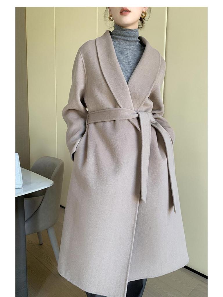 Women's Double-Faced Wool Overcoat with Tie Waist - Extra Long Lapel, Autumn/Winter.