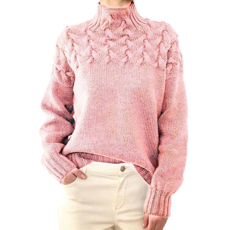 Women's Fashion Cable Weaving Details High Collar Long Sleeve Sweater for Women