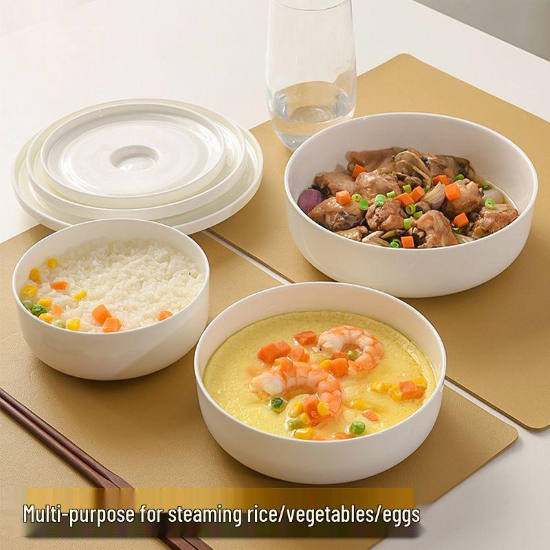 Bone China White Ceramic Steamer Basket with Lid: Deep Steaming Plate for Rice and Dishes