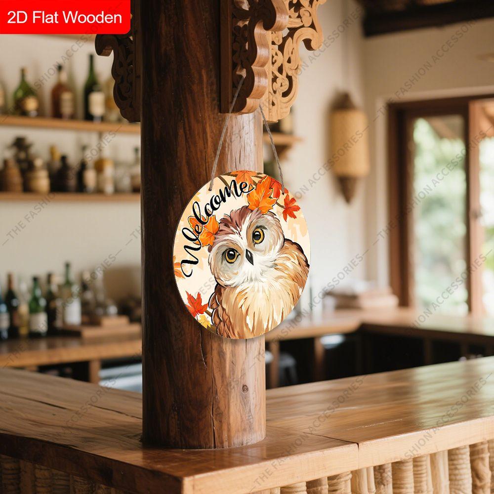 Welcome Autumn Owl Maple Leaf Round Wooden Hanging Sign, 2D Flat Printed Fall Front Door Decor, Harvest Season Wall Ornament Gift
