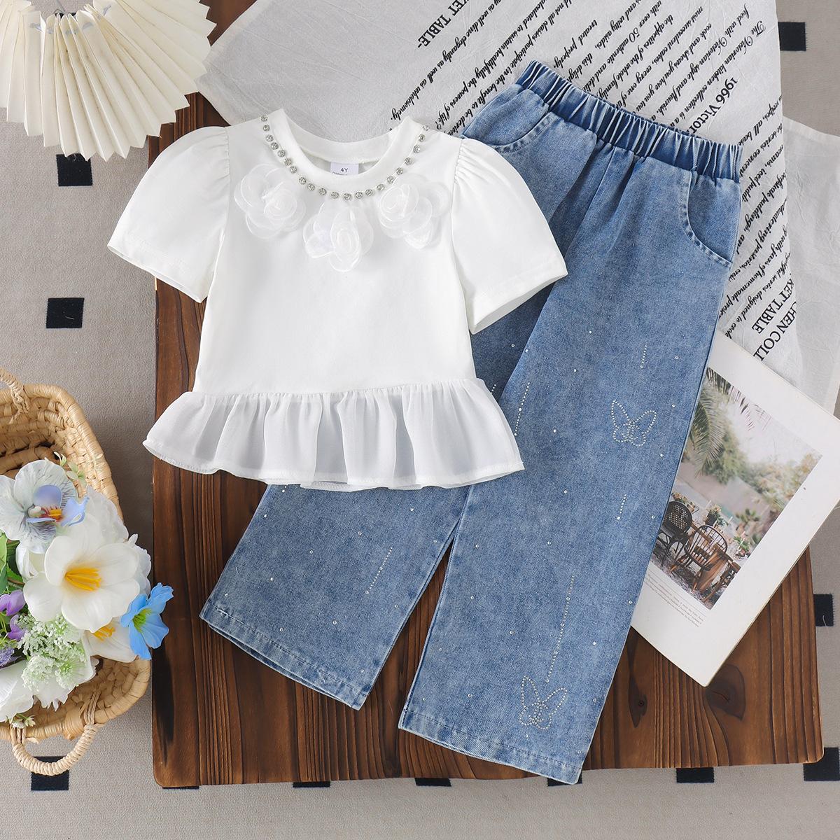 Children s Casual Set: Summer Girls Fashionable Short-Sleeve Top and Jeans Two-Piece Set 4Y