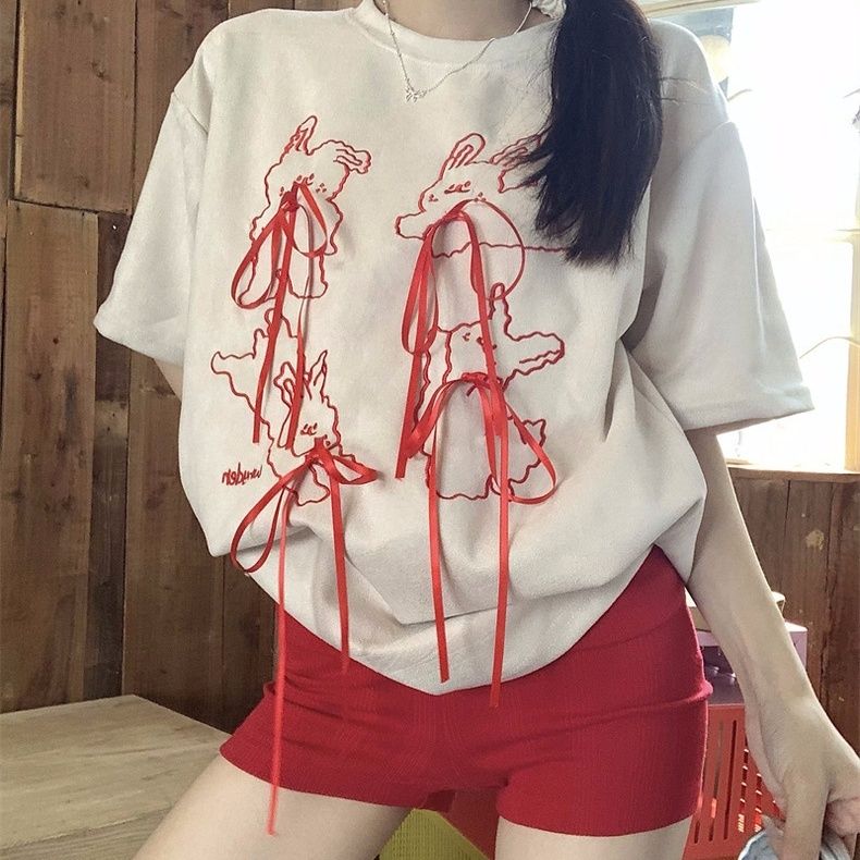 

Женская футболка с милым кроликом, летняя женская футболка на шнуровке с бантом и короткими рукавами, свободный топ с круглым вырезом, корейская версия S белый