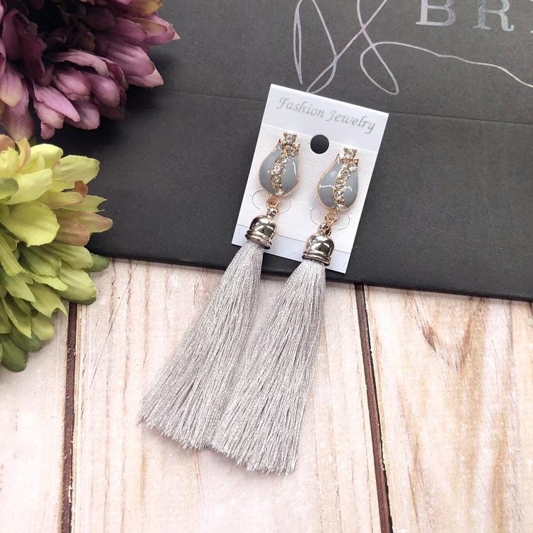 Retro flower gemstone with diamond fringed stud earrings long celebrity temperament earrings women's versatile earrings