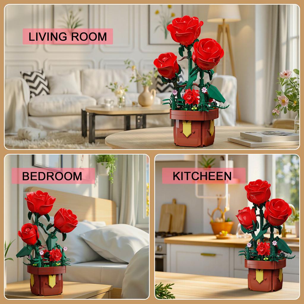 307PCS Rose Potted Plant Constructing Block Flower Playthings Sets Latest Year Christmas Birthday Presents