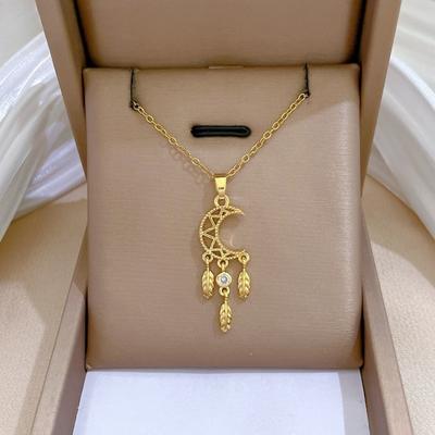 Stainless Steel Chain Hollow Dreamcatcher Zircon Pendant Necklace for Women Girls Gold Color Choker Jewelry Accessories Gifts