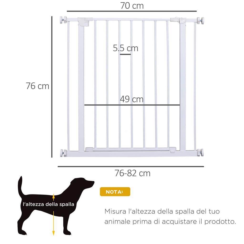 Cancello di Sicurezza Espandibile per Animali Facile Installazione con Supporti a Pressione Acciaio Resistente con Finitura Verniciata a Polvere Bianco 76x76-82cm