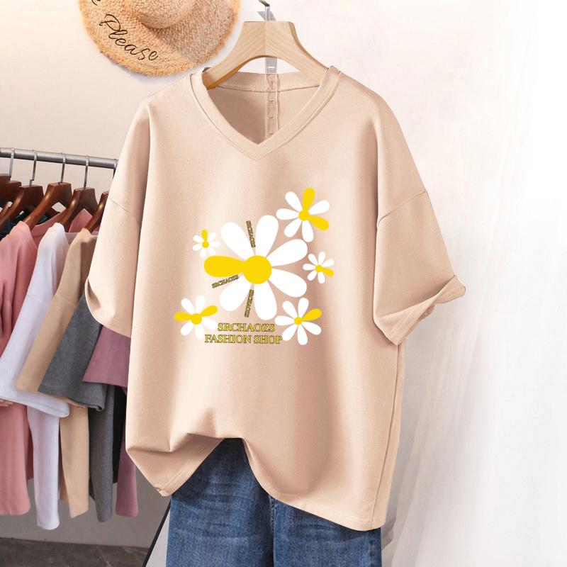 Short-sleeved T-shirt for Women, Large Size, Loose and Slimming, Printed V-neck Top