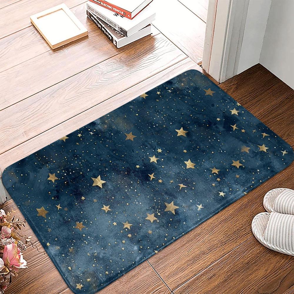 

Starry Night Flannel Carpet, Deep Blue & Gold Star Pattern Floor Mat Rug for Bedroom Living Room Celestial Home Decor Doormat 40x60cm