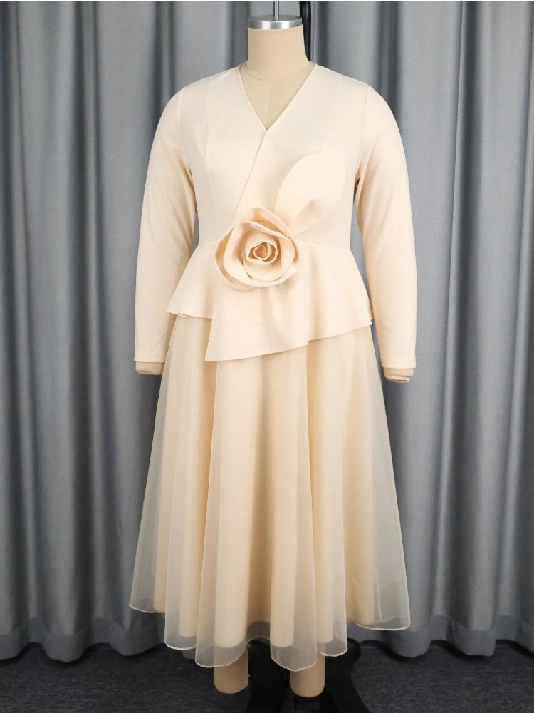 Elegant Women A Line Dress V Neck Long Sleeve 3D Flower Peplum Patchwork Mesh Wedding Guest Church Party Outfit Autumn New