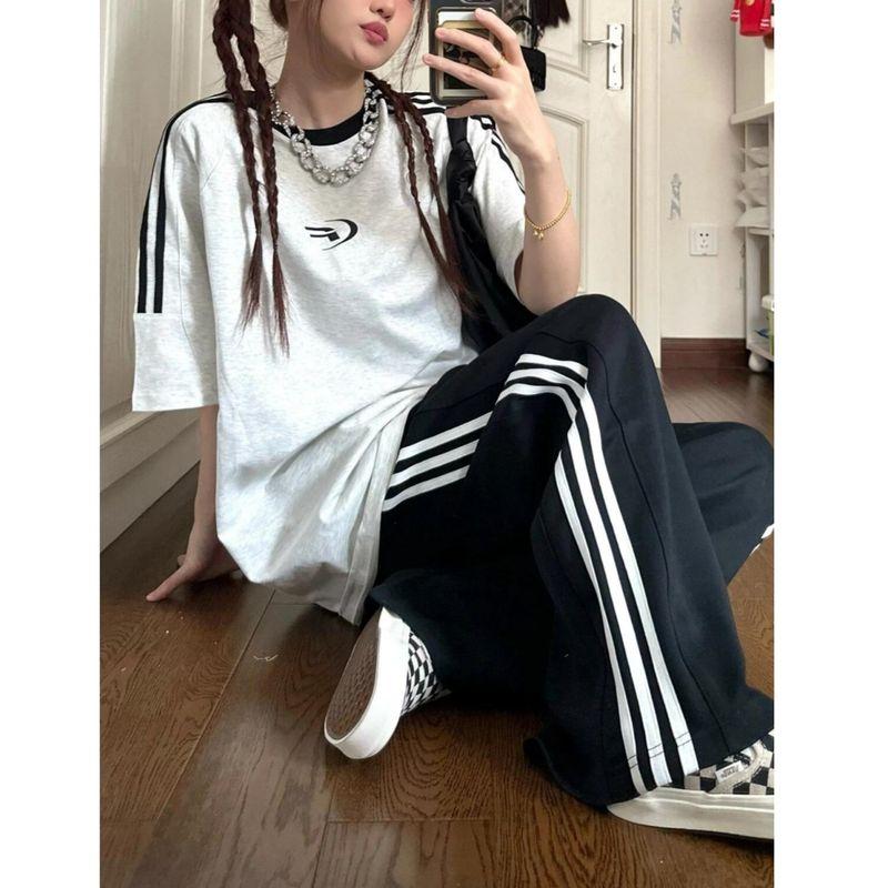 

Спортивные брюки женские весенне-осенние в американском стиле хай-стрит, модные, красивые, свободные, прямые, ниспадающие, стройнящие, повседневные Black M