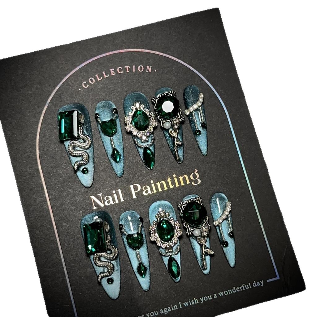 Handmade Luxury Press On Nails Long Almond French Tip Sparkly Fake Nails 3D Rhinestones Designs Acrylic Nails Reusable Stick On Nail for Women