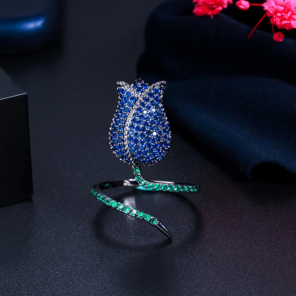 Light Luxury Three-Dimensional Tulip Flower Index Finger Ring Slightly Inlaid Zircon Rose Shape Ring Ring Ring Woman
