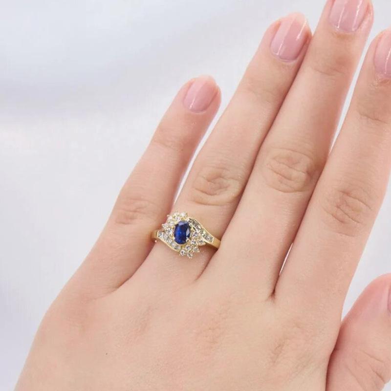 Court old money ring female, imitation sapphire oval oblique, premium ring