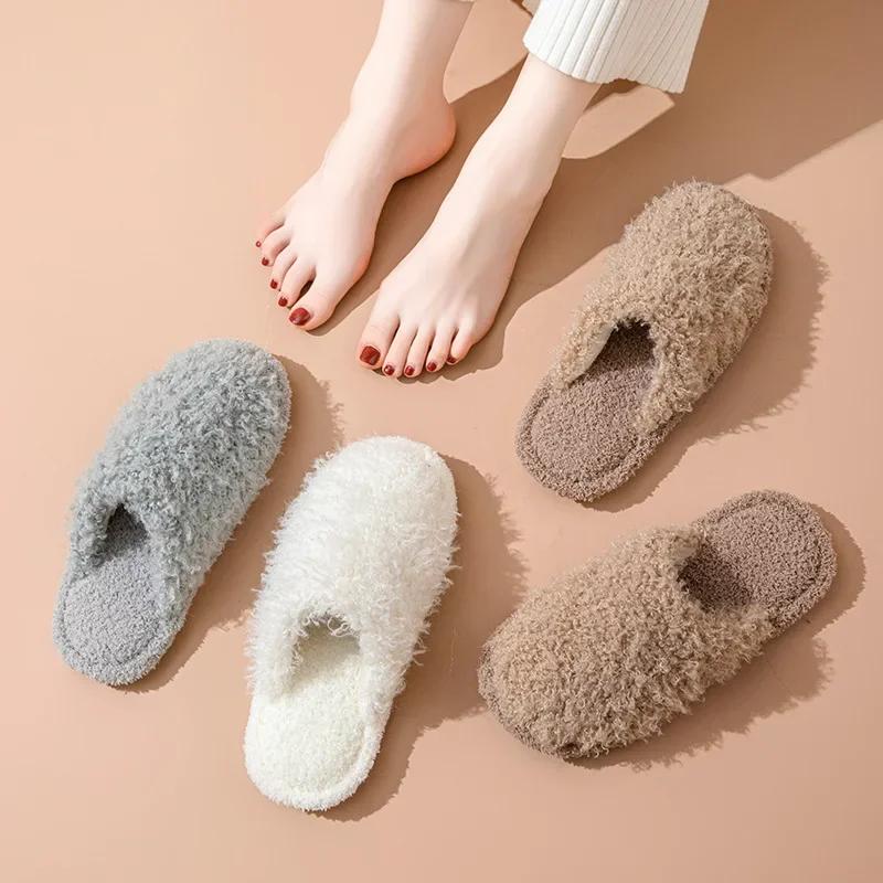 Fashion Women's Slippers 2024 New Autumn Winter Rolled Cotton Plush Flat Toe Comfort Warm Lightweight Home Flat Bottomed Cotton Slippers