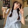 Women's Blue Striped Short-Sleeve Layered Shirt Dress – New 2026 Korean Style, Loose Mid-Length Two-Piece Summer Set.