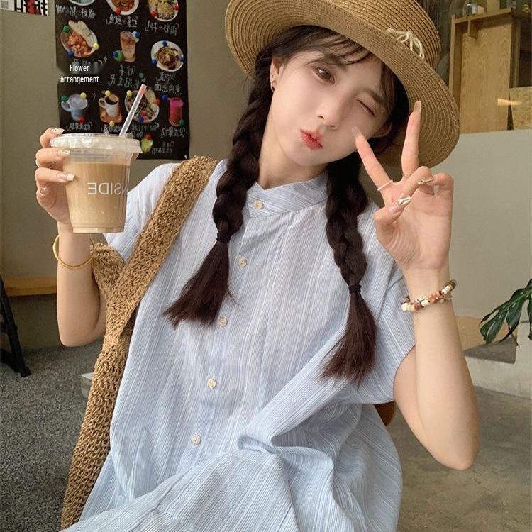 Women's Blue Striped Short-Sleeve Layered Shirt Dress – New 2026 Korean Style, Loose Mid-Length Two-Piece Summer Set.