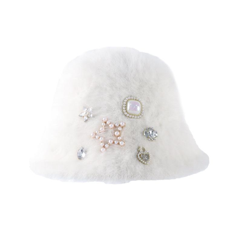 Autumn and winter light luxury rhinestone thickened and enlarged rabbit hair wool hat women's fashion light luxury warm ear protection bucket hat