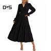 Spring Dress Pleated Patchwork Hem A-line Big Swing Midi Dress V Neck Long Puff Sleeves Flowy Dress High Waist Solid Color Dress for Datings Prom