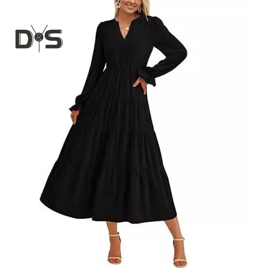 

Весеннее платье с плиссированным подолом в стиле пэчворк, А-силуэт, большое свободное платье миди с V-образным вырезом, длинными рукавами-фонариками, струящееся платье с высокой талией, однотонное платье для свиданий, выпускного вечера XXXL чёрный