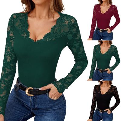 Kadın Moda Yelpaze Şeklinde V Yaka Dantel Patchwork Slim Fit Tişört Uzun Kollu Üst