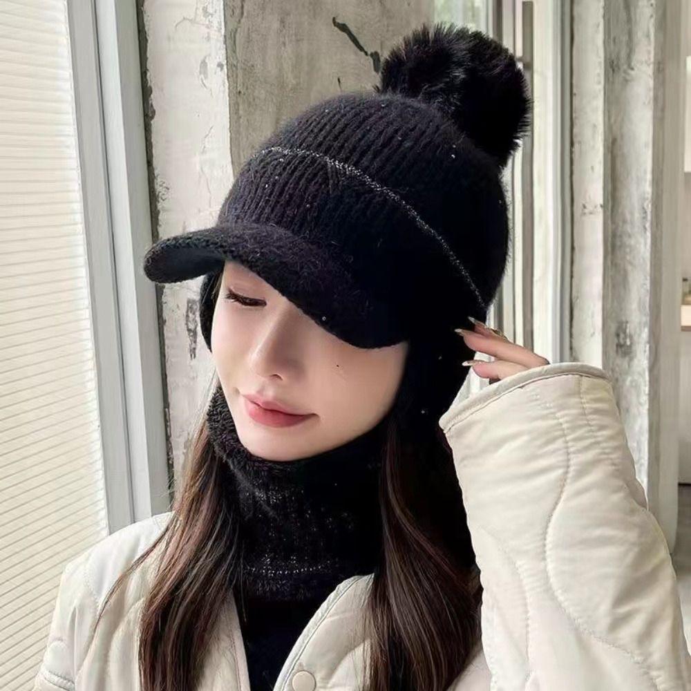 Solid Color Earflaps Hat Windproof Knitted Baseball Hat Fashion Plush Peaked Cap Ladies