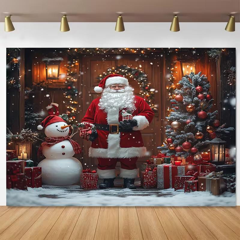 2D Weihnachts-Weihnachtsmann & Schneemann Kulisse Weihnachtsbaum Geschenk Fotografie Hintergrund