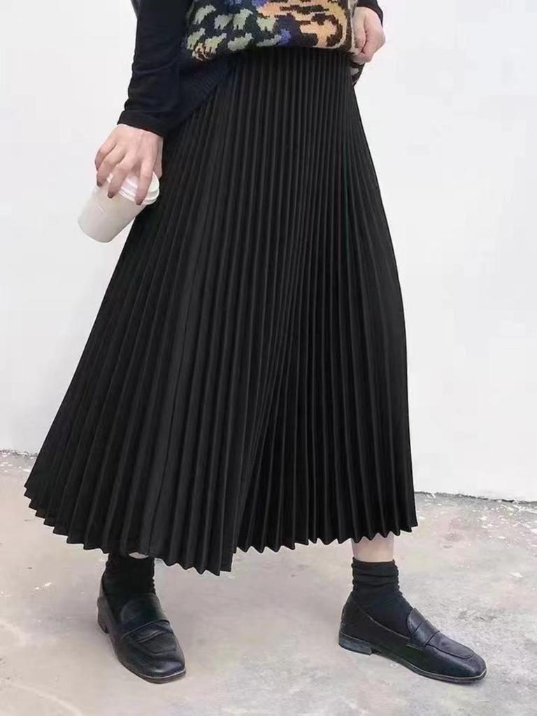 Pleated Midi Skirt, Wool-blend, Thick and Flowing, Solid Color Slimming A-line Silhouette