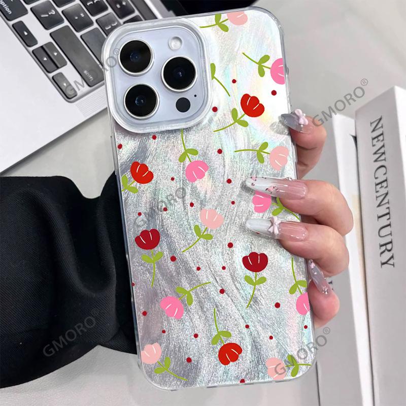 List Red Tulip Mobile Phone Case Suitable for Apple 16 Girly 17 Pro Large Hole Feather Yarn Anti-drop Cover