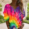 Women Plus Size Rainbow Tie Dye Printed V Neck Half Zip Long Sleeve Sweatshirt