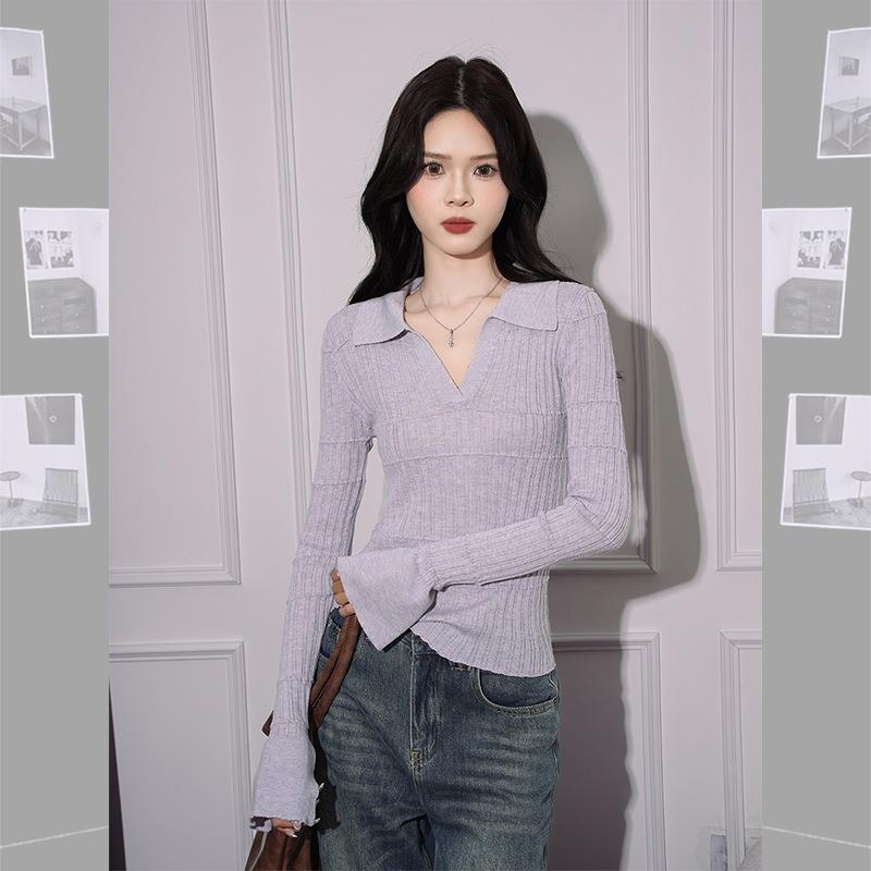 

Jiyou Hot Girl Lapel Knitted Bottoming Shirt T-shirt Women s Autumn High-end Slim Long-sleeved Inner Top Trendy S