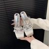 High-heeled One-word Women's Slippers Thick-heeled Slippers Women's Summer 2025 New Fashion Crystal Waterproof Table Cool Slippers Women