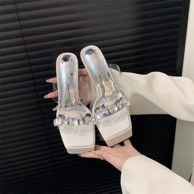 Fashion Crystal Waterproof Table Women's Slippers Thick Heel Slippers Women's Summer 2025 New High Heel One Word Cool Slippers Women