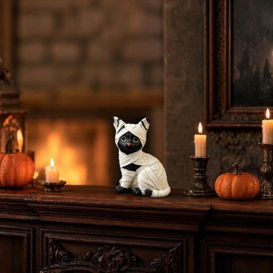 Shelf Halloween Decoration Mummy Black Cat Resin Figurine, Kitten Statue with Big Eyes & Wrapped Bandages, Figurine Cute Desk Ornament for Spooky Home