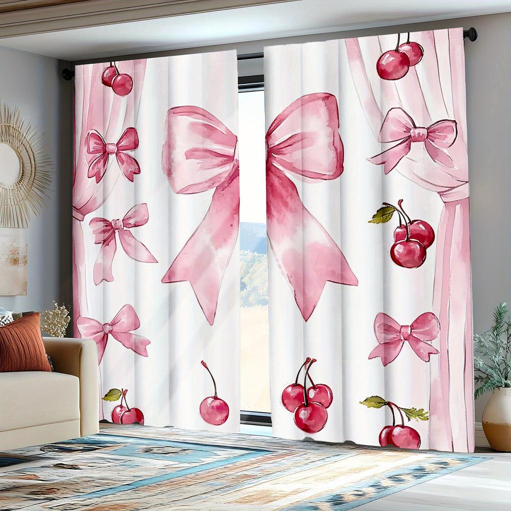 Bow Cherry Print Curtains Cute Design Princess Living Room Decor Curtain Polyester Machine Washable Perfect For Area