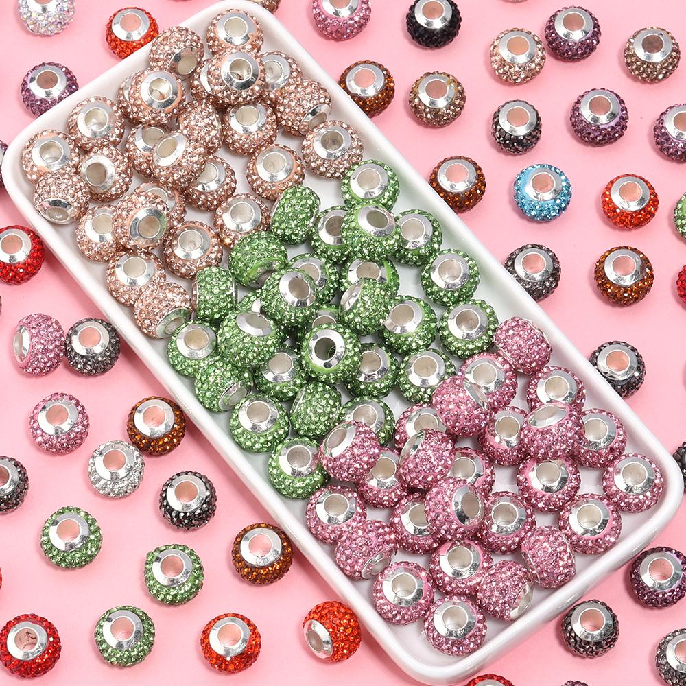 10Pcs/Lot Rhinestone Crystal Shambhala Ball Beads Colorful Polymer Clay Beads Big Hole Loose Spacer Beads For Jewelry Making