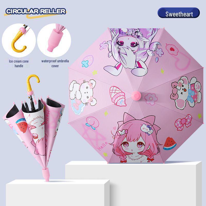 Kids' Cute Cartoon Umbrella - Rounded Corners, Dual-Use for Sun & Rain, Super Light Long Handle.