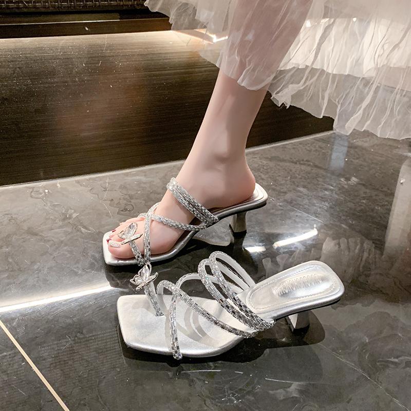 Fashion 2025 New Women's Slippers High Heels Square Fashion Slippers Summer Luxury Casual Shoes Zapatillas Mujer