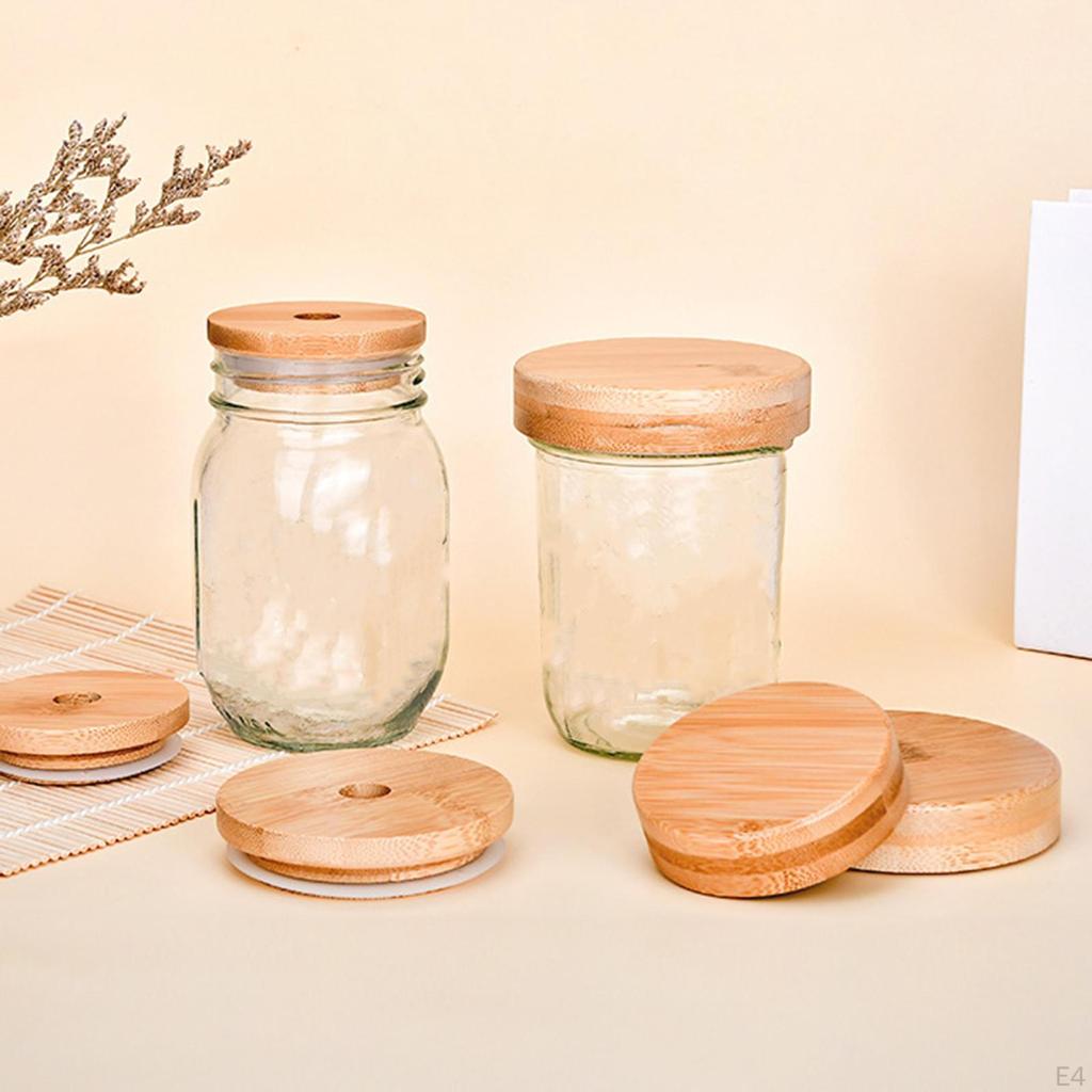 4 Pack Jar Lids with Straw Hole, Reusable Bamboo Canning Lip Covers Drinking Jars