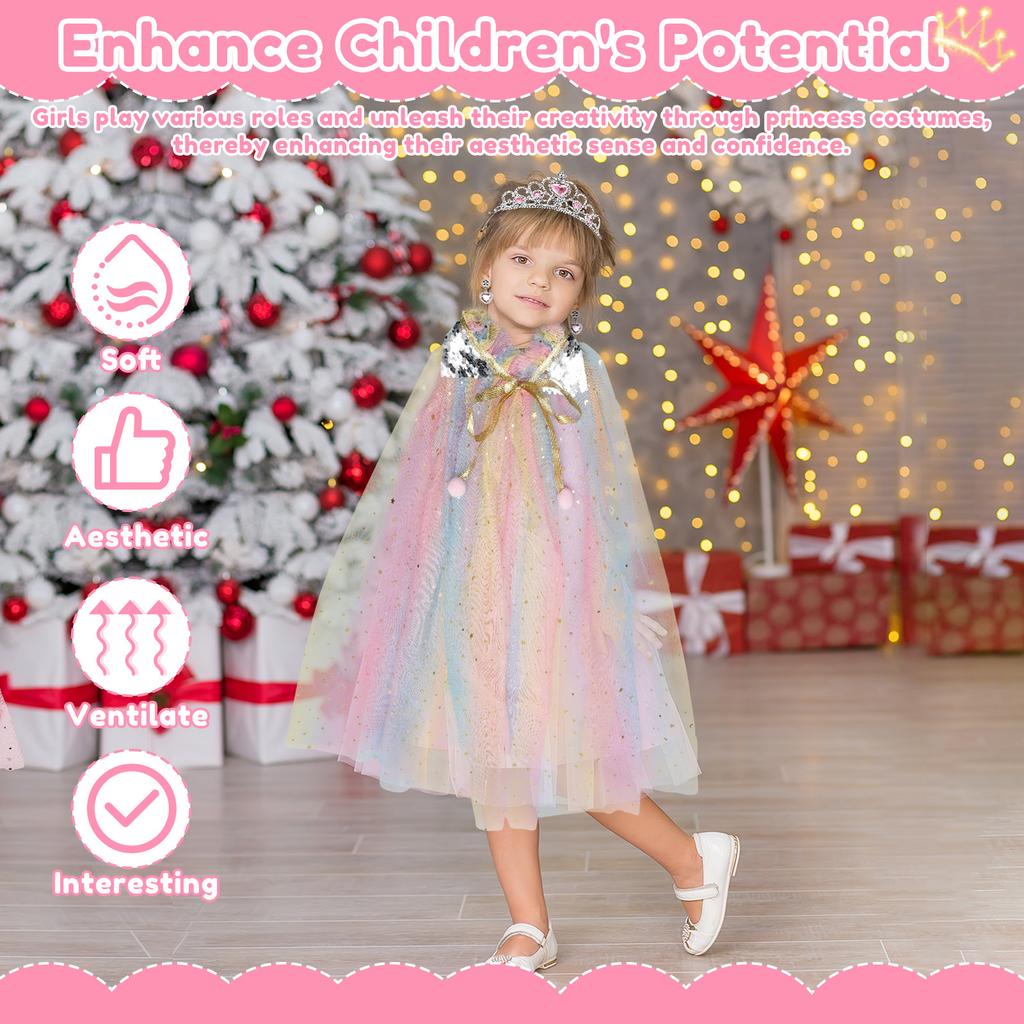 Princess Dress Up Clothes Set Princess Dress Up Cloak Set Mermaid Sequin Cape Kit with Crown Necklace Bracelet Ear Clips for Kid