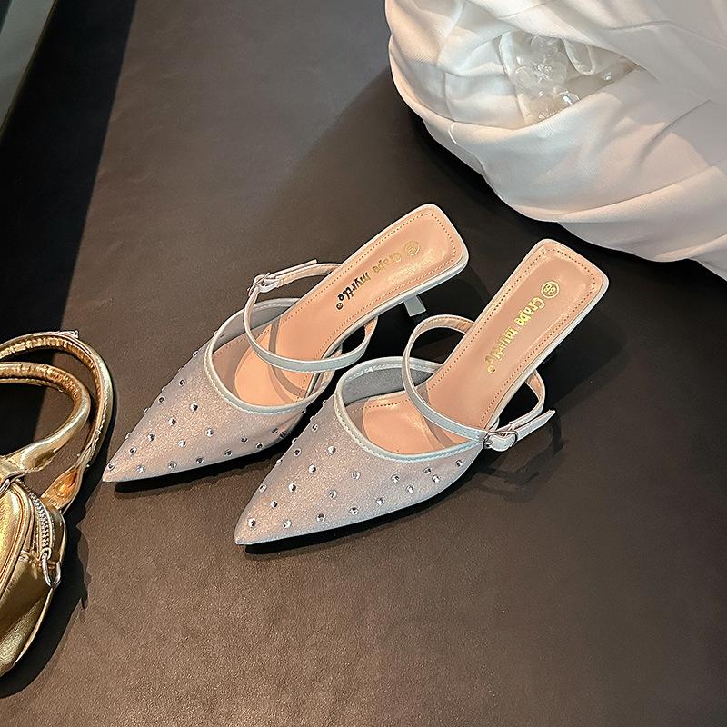 Grape mother summer new beautiful hot diamond temperament small pointed mesh yarn breathable 6cm thin heel empty sandals women