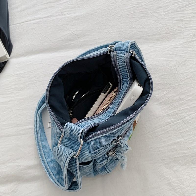 Cartoon Embroidered Denim Bag Women's Shoulder Crossbody Bag