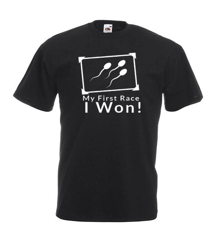 Mens My First Race I Won! Funny Rude Adult Humour Black Unisex 100% Cotton T-shirt Mens Tees Top S