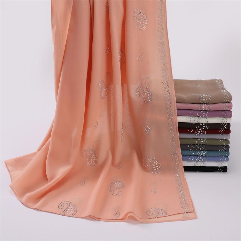Bandanna Flower Pearl Rhinestone Chiffon Shawl Scarf High Quality Shimmer Beads Headband Wrap Foulard Muslim Hijab