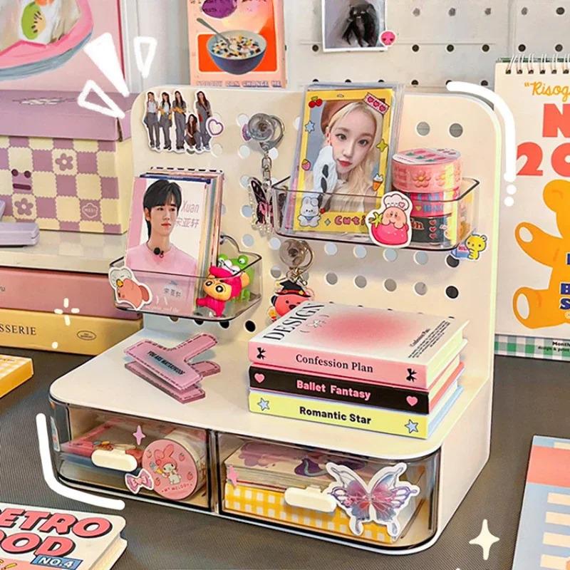 Kawaii Hook Drawer Hole-board Card Stand, Desktop Idol Storage Box, Desk Stationery Organization Rack, Small Display Organizer