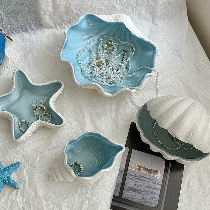 Ocean Shell Conch Sea Star Ceramic Jewelry Box Necklace, Ring Earring, Jewelry Storage Box Desktop Ornament