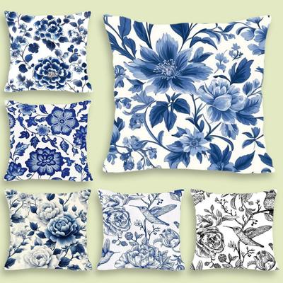 Blue And White Porcelain Cushion Cover Soft Plush Fabric Double-Sided Printed Sofa Cushion Cover For All Seasons Home Decor Gift