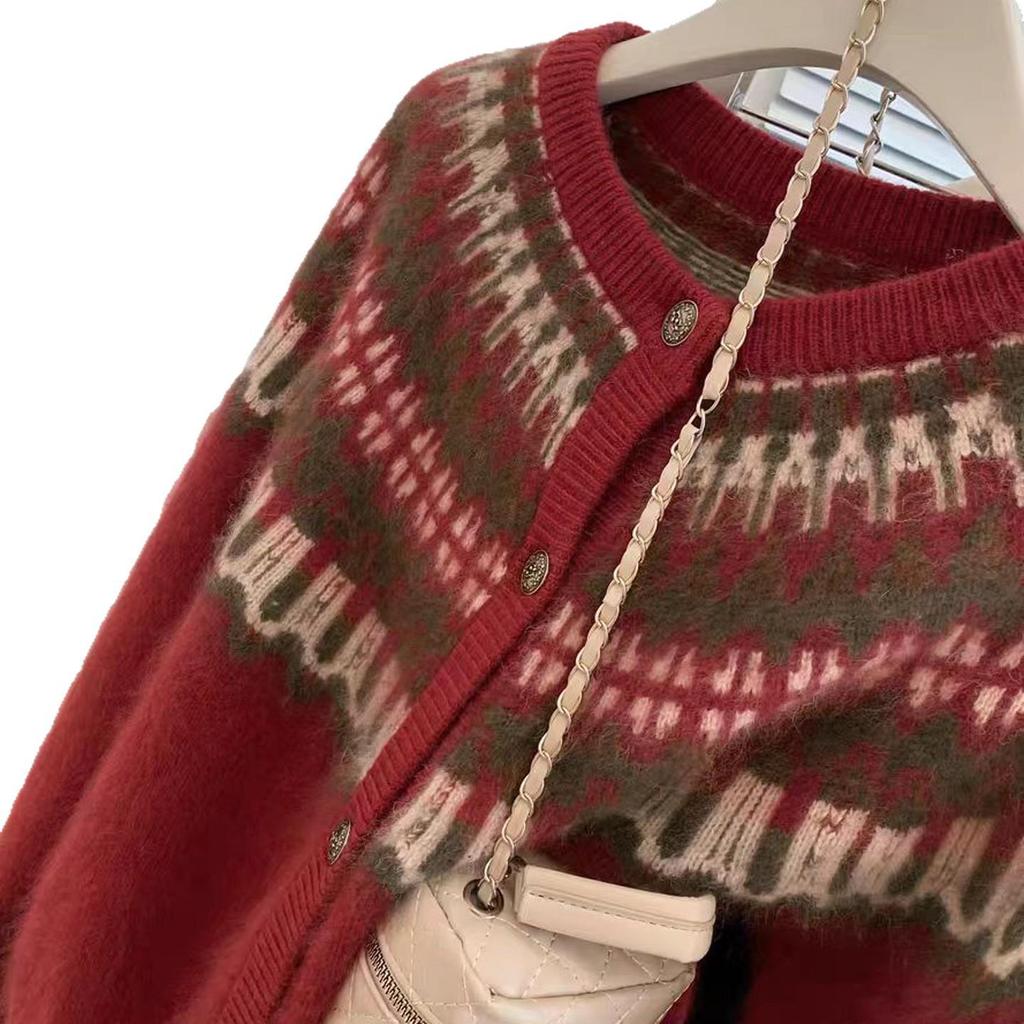 Women's Red Fair Isle New Year Knit Cardigan - Soft, Fluffy Luxury Sweater Coat for Autumn/Winter