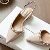 Spring and summer new nude one-word buckle with pointed head rivet bag head sandals women's summer outer wear thick heel medium heel single shoes